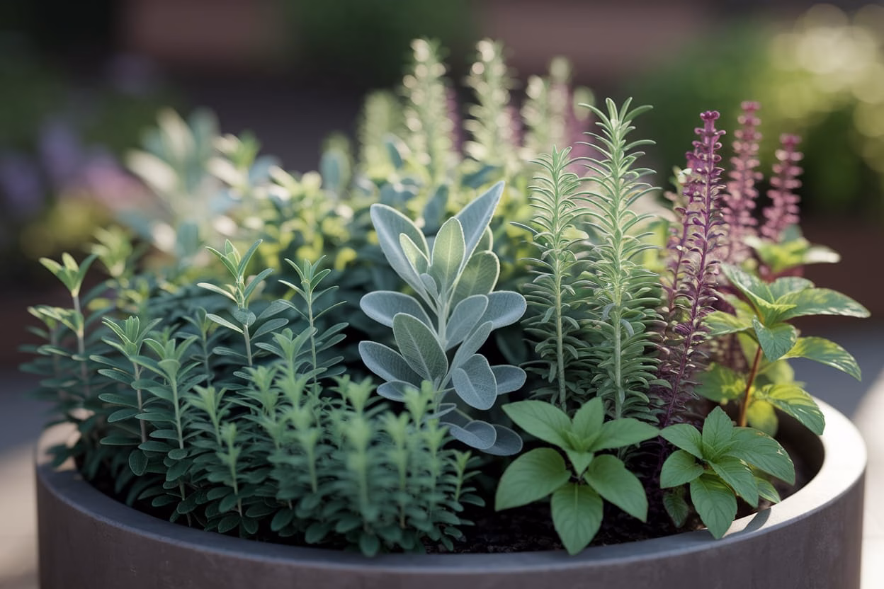 A Collection of Herbs Growing in a container