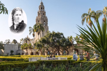 Balboa Park with inset vintage portrait of Kate Sessions