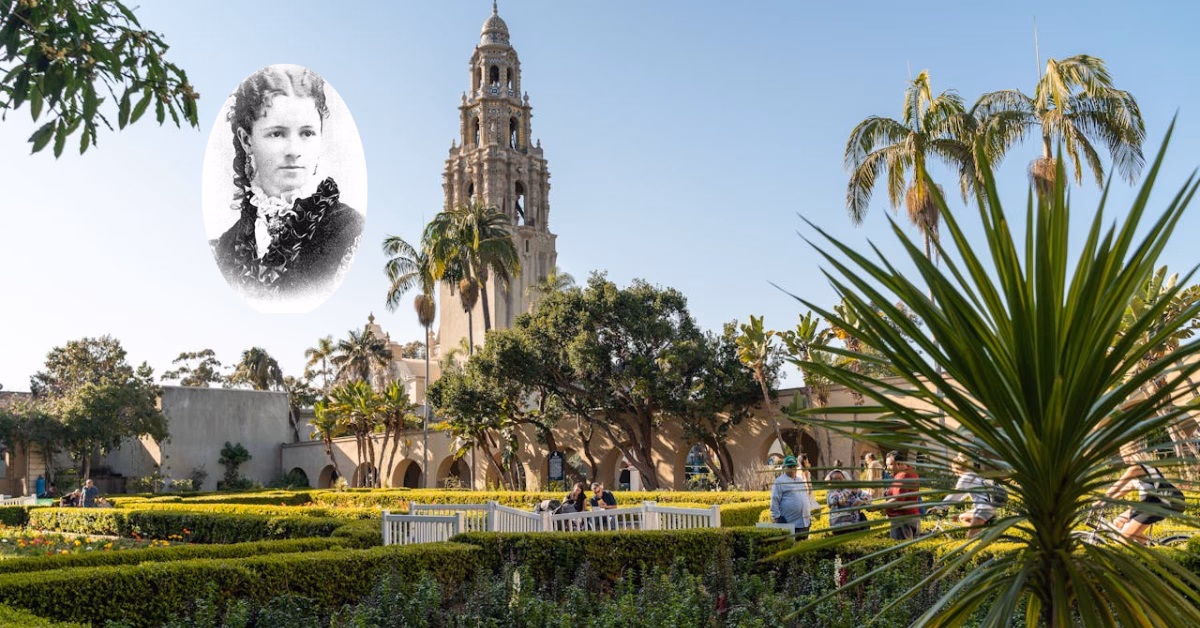 Balboa Park with inset vintage portrait of Kate Sessions